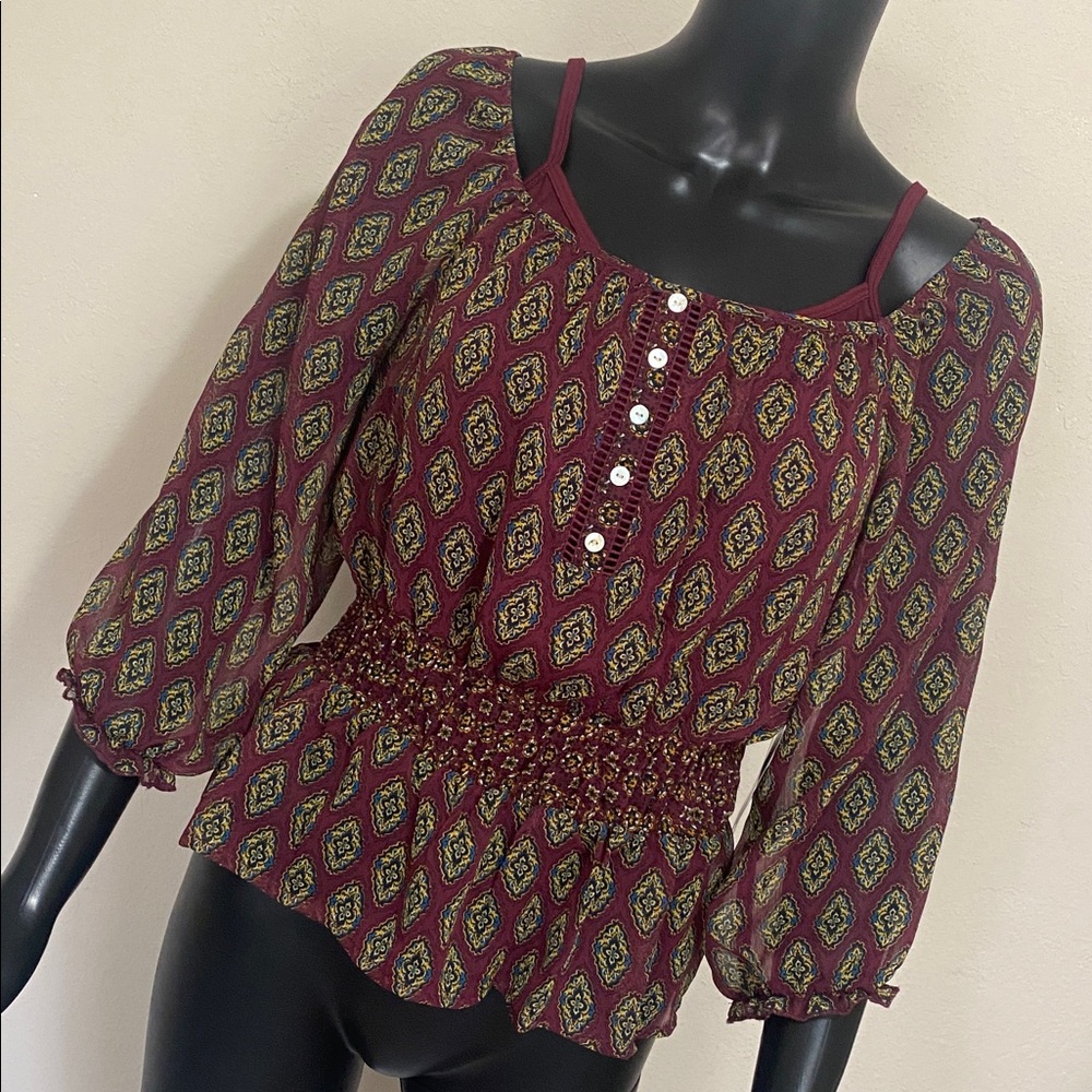 Fig and Flower Burgundy and Green Patterned Blouse NWTs